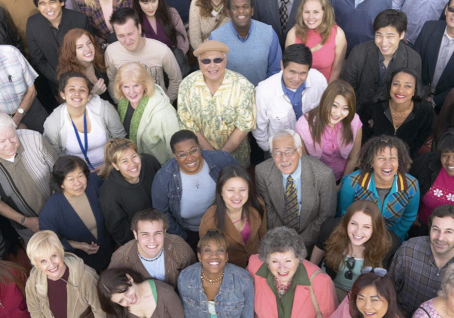 Elevated View of a Large Crowd of People, Looking at the Camera Large group of people